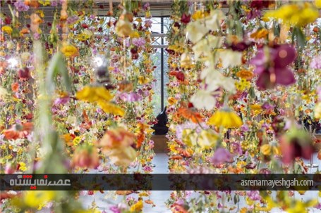 گزارش تصویری آویزان شدن گل ها از سقف نمایشگاه هنری